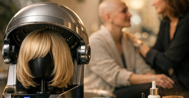 Professional wig dryer from Pure Spa Direct gently drying a beautiful human hair wig, essential for clients with medical hair loss like chemotherapy or alopecia.