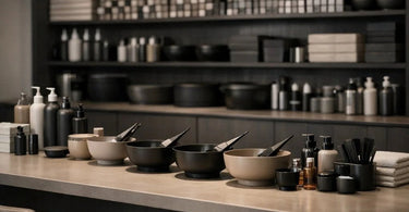 A stylish and organized professional salon color bar with hair color tubes, brushes, and mixing bowls.