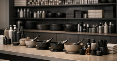 A stylish and organized professional salon color bar with hair color tubes, brushes, and mixing bowls.