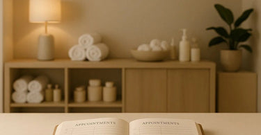 Spa manager happily using a digital scheduling calendar on a tablet while relaxed clients wait in the background