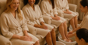 Group of friends enjoying pedicures together at a spa salon