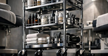 A sleek, organized rolling cart stocked with professional spa and waxing products, showcasing a flexible backbar solution for estheticians.