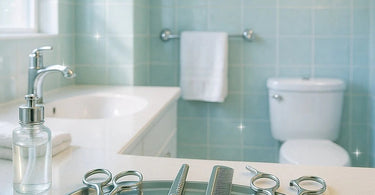 A spa professional in gloves meticulously sanitizing tools next to a perfectly clean and organized salon bathroom sink area