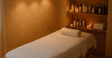 Professional spa and salon lighting setup showing a magnifying lamp and LED task lighting on a modern treatment table