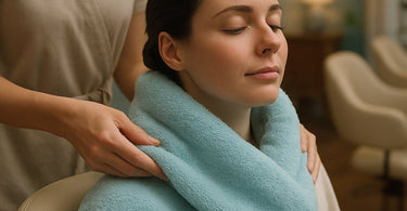 A stack of soft, white neck strip towels neatly folded in a modern spa setting