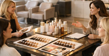A dedicated consultation area in a modern salon featuring a comfortable sofa, a wooden table, and a magnifying lamp for client consultations.