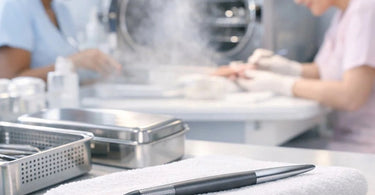 Close-up of a professional's hands using a stainless steel cuticle pusher during a manicure, with an autoclave and sterile pouches visible in the background.