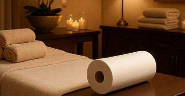 Professional spa treatment table with high-quality hygienic paper roll in use during client service