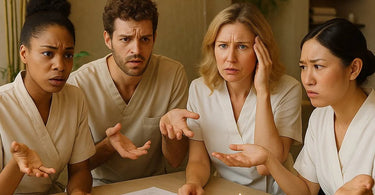 Frustrated spa team looking at incentive program chart with disappointed expressions