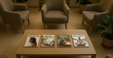 A neatly curated stack of modern, stylish magazines in a spa waiting room next to a lush green plant