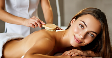 Woman getting a dry brushing exfoliation treatment in a spa.