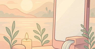 Calming digital waiting room concept showing a serene website interface on a tablet surrounded by spa products