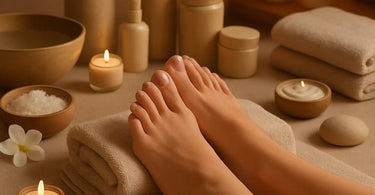 Massage therapist receiving foot care treatment during break at spa