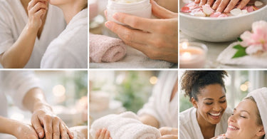 Close-up photo of a spa professional's hands holding various beauty tools on a clean towel