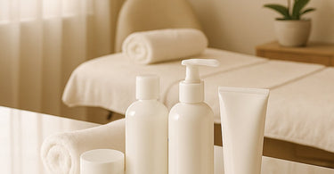 A professional spa cleaner smiling, holding a spray bottle and microfiber cloth, standing in a clean and modern spa treatment room