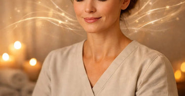 A serene spa professional taking a calming breath in a peaceful treatment room, symbolizing nervous system regulation.