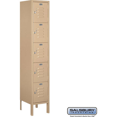 12-inch Wide Five Tier Box Style Standard Metal Locker - 1 Wide - 5 Feet High - 12-inch Deep by Salsbury – Tan – Assembled by Salsbury