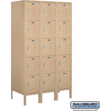 12-inch Wide Five Tier Box Style Standard Metal Locker - 3 Wide - 5 Feet High - 18-inch Deep by Salsbury – Tan – Assembled by Salsbury