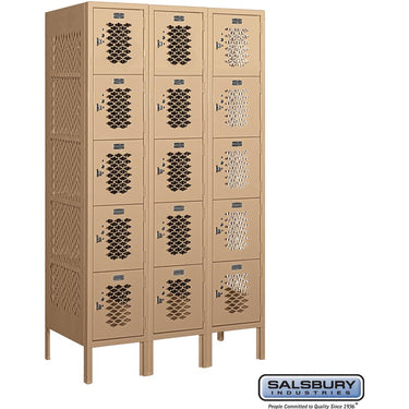 12-inch Wide Five Tier Box Style Vented Metal Locker - 3 Wide - 5 Feet High - 18-inch Deep by Salsbury – Tan – Assembled by Salsbury