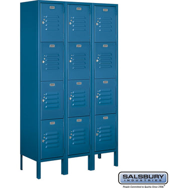 12-inch Wide Four Tier Standard Metal Locker - 3 Wide - 5 Feet High - 12-inch Deep by Salsbury – Blue – Assembled by Salsbury