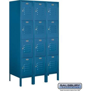 12-inch Wide Four Tier Standard Metal Locker - 3 Wide - 5 Feet High - 18-inch Deep by Salsbury – Blue – Assembled by Salsbury