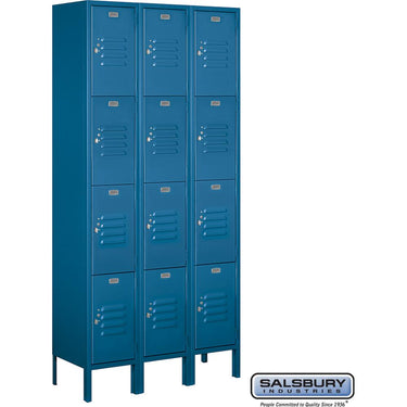 12-inch Wide Four Tier Standard Metal Locker - 3 Wide - 6 Feet High - 12-inch Deep by Salsbury – Blue – Assembled by Salsbury