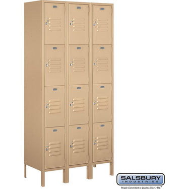 12-inch Wide Four Tier Standard Metal Locker - 3 Wide - 6 Feet High - 15-inch Deep by Salsbury – Tan – Assembled by Salsbury