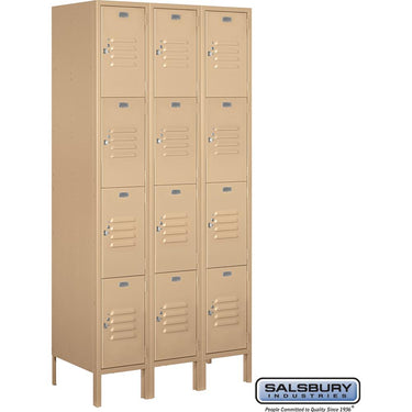 12-inch Wide Four Tier Standard Metal Locker - 3 Wide - 6 Feet High - 18-inch Deep by Salsbury – Tan – Assembled by Salsbury