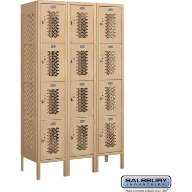 12-inch Wide Four Tier Vented Metal Locker - 3 Wide - 5 Feet High - 15-inch Deep by Salsbury – Tan – Assembled by Salsbury