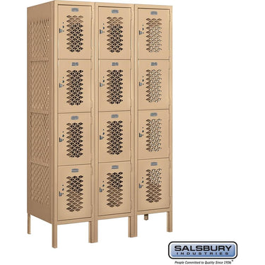 12-inch Wide Four Tier Vented Metal Locker - 3 Wide - 5 Feet High - 18-inch Deep by Salsbury – Tan – Assembled by Salsbury