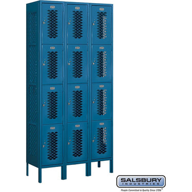 12-inch Wide Four Tier Vented Metal Locker - 3 Wide - 6 Feet High - 12-inch Deep by Salsbury – Blue – Assembled by Salsbury