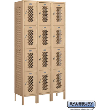 12-inch Wide Four Tier Vented Metal Locker - 3 Wide - 6 Feet High - 15-inch Deep by Salsbury – Tan – Assembled by Salsbury