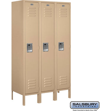 12-inch Wide Single Tier Standard Metal Locker - 3 Wide - 5 Feet High - 15-inch Deep by Salsbury – Tan – Assembled by Salsbury