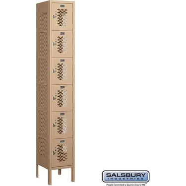 12-inch Wide Six Tier Box Style Vented Metal Locker - 1 Wide - 6 Feet High - 12-inch Deep by Salsbury – Tan – Assembled by Salsbury