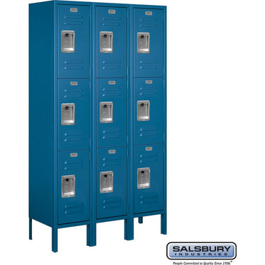 12-inch Wide Triple Tier Standard Metal Locker - 3 Wide - 5 Feet High - 12-inch Deep by Salsbury – Blue – Assembled by Salsbury