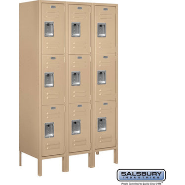 12-inch Wide Triple Tier Standard Metal Locker - 3 Wide - 5 Feet High - 15-inch Deep by Salsbury – Tan – Assembled by Salsbury