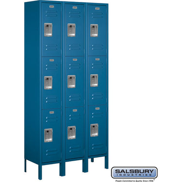 12-inch Wide Triple Tier Standard Metal Locker - 3 Wide - 6 Feet High - 12-inch Deep by Salsbury – Blue – Assembled by Salsbury