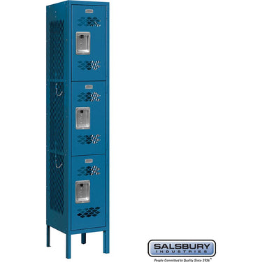 12-inch Wide Triple Tier Vented Metal Locker - 1 Wide - 5 Feet High - 12-inch Deep by Salsbury – Blue – Assembled by Salsbury
