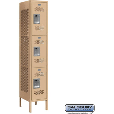 12-inch Wide Triple Tier Vented Metal Locker - 1 Wide - 5 Feet High - 15-inch Deep by Salsbury – Tan – Assembled by Salsbury