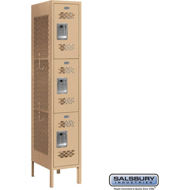 12-inch Wide Triple Tier Vented Metal Locker - 1 Wide - 5 Feet High - 18-inch Deep by Salsbury – Tan – Assembled by Salsbury