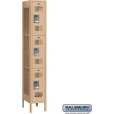 12-inch Wide Triple Tier Vented Metal Locker - 1 Wide - 6 Feet High - 12-inch Deep by Salsbury – Tan – Assembled by Salsbury
