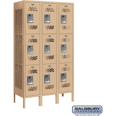 12-inch Wide Triple Tier Vented Metal Locker - 3 Wide - 5 Feet High - 15-inch Deep by Salsbury – Tan – Assembled by Salsbury