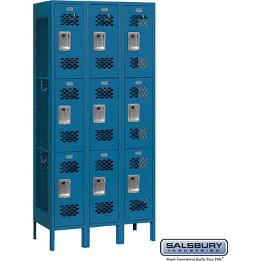 12-inch Wide Triple Tier Vented Metal Locker - 3 Wide - 6 Feet High - 12-inch Deep by Salsbury – Blue – Assembled by Salsbury