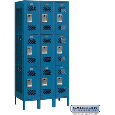 12-inch Wide Triple Tier Vented Metal Locker - 3 Wide - 6 Feet High - 15-inch Deep by Salsbury – Blue – Assembled by Salsbury