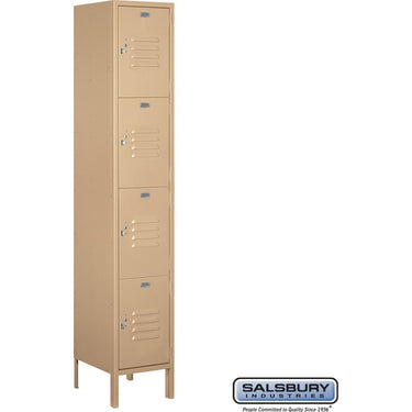 15-inch Wide Four Tier Standard Metal Locker - 1 Wide - 6 Feet High - 15-inch Deep by Salsbury – Tan – Assembled by Salsbury