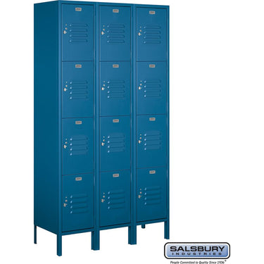 15-inch Wide Four Tier Standard Metal Locker - 3 Wide - 6 Feet High - 15-inch Deep by Salsbury – Blue – Assembled by Salsbury