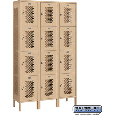 15-inch Wide Four Tier Vented Metal Locker - 3 Wide - 6 Feet High - 15-inch Deep by Salsbury – Tan – Assembled by Salsbury