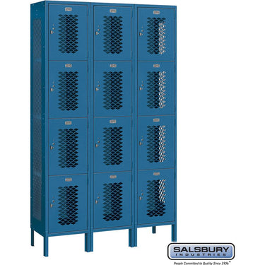 15-inch Wide Four Tier Vented Metal Locker - 3 Wide - 6 Feet High - 15-inch Deep by Salsbury – Blue – Assembled by Salsbury