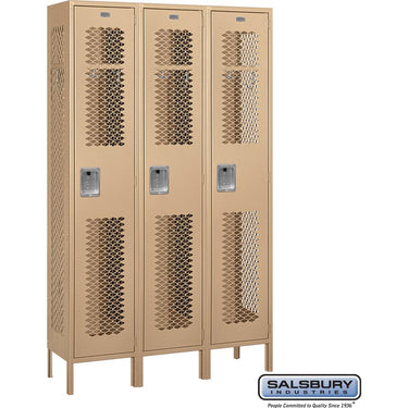 15-inch Wide Single Tier Vented Metal Locker - 3 Wide - 6 Feet High - 15-inch Deep by Salsbury – Tan – Assembled by Salsbury