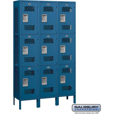 15-inch Wide Triple Tier Vented Metal Locker - 3 Wide - 6 Feet High - 15-inch Deep by Salsbury – Blue – Assembled by Salsbury
